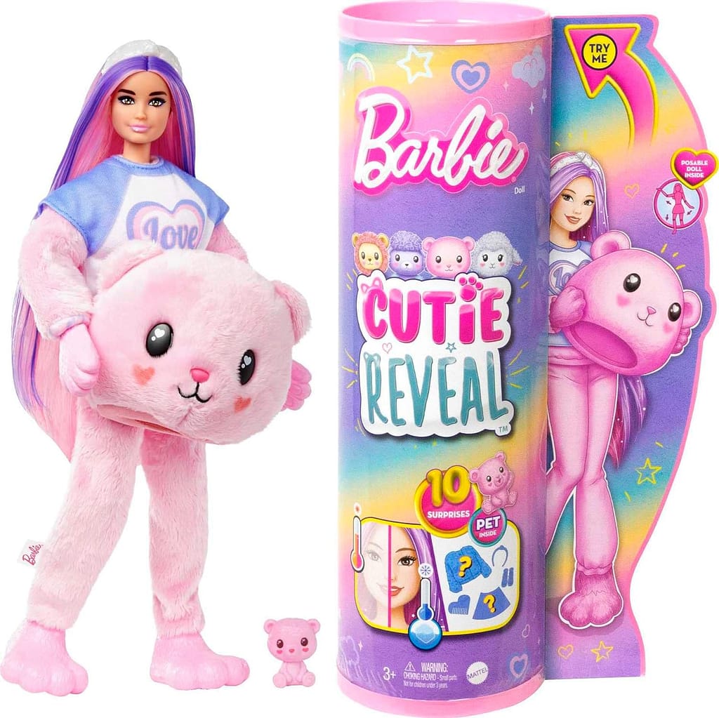 Barbie Cutie Reveal Doll with Pink Hair Teddy Bear Costume, 10 Suprises Include Accessories Pet (Styles May Vary)