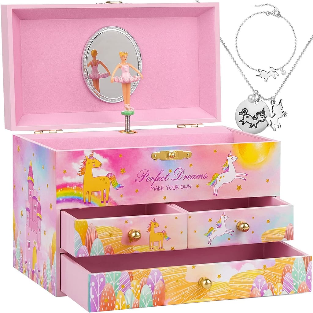 efubaby Musical Jewelry Box for Girls, Unicorn Necklace Bracelet Set with 3 Pullout Drawers Spinning Ballerina Jewelry Box for Girls Kids Christmas Birthday Gift Waltz of Flowers Tune, Colorful