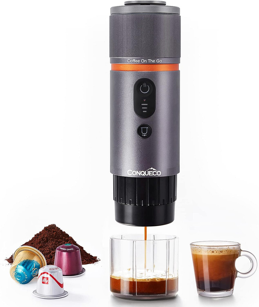 CONQUECO Portable Coffee Machine Travel - 12v Car Espresso Maker with Battery for Camping - Small Electric - 3 Mins Heating - Rechargeable USB Charging (Silvery)